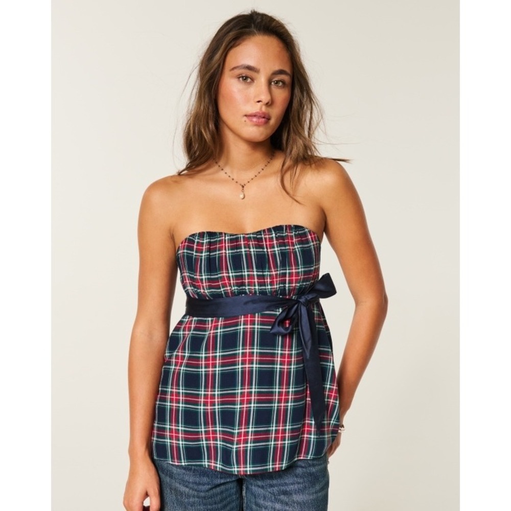 Hollister Plaid Strapless Tube Top Navy Blue Red Smocked Back Satin Bow Small